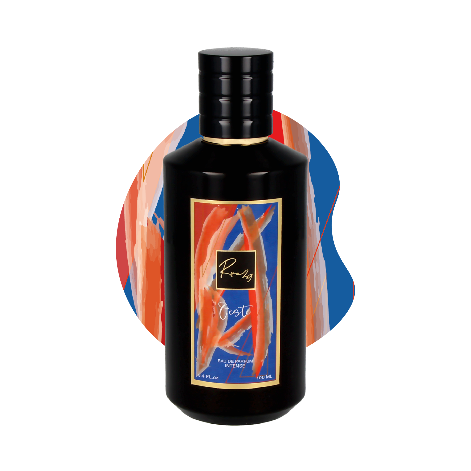 Oeste Eau De Parfum bottle showcasing a marine-inspired design, reflecting the essence of the ocean with vibrant colors.
