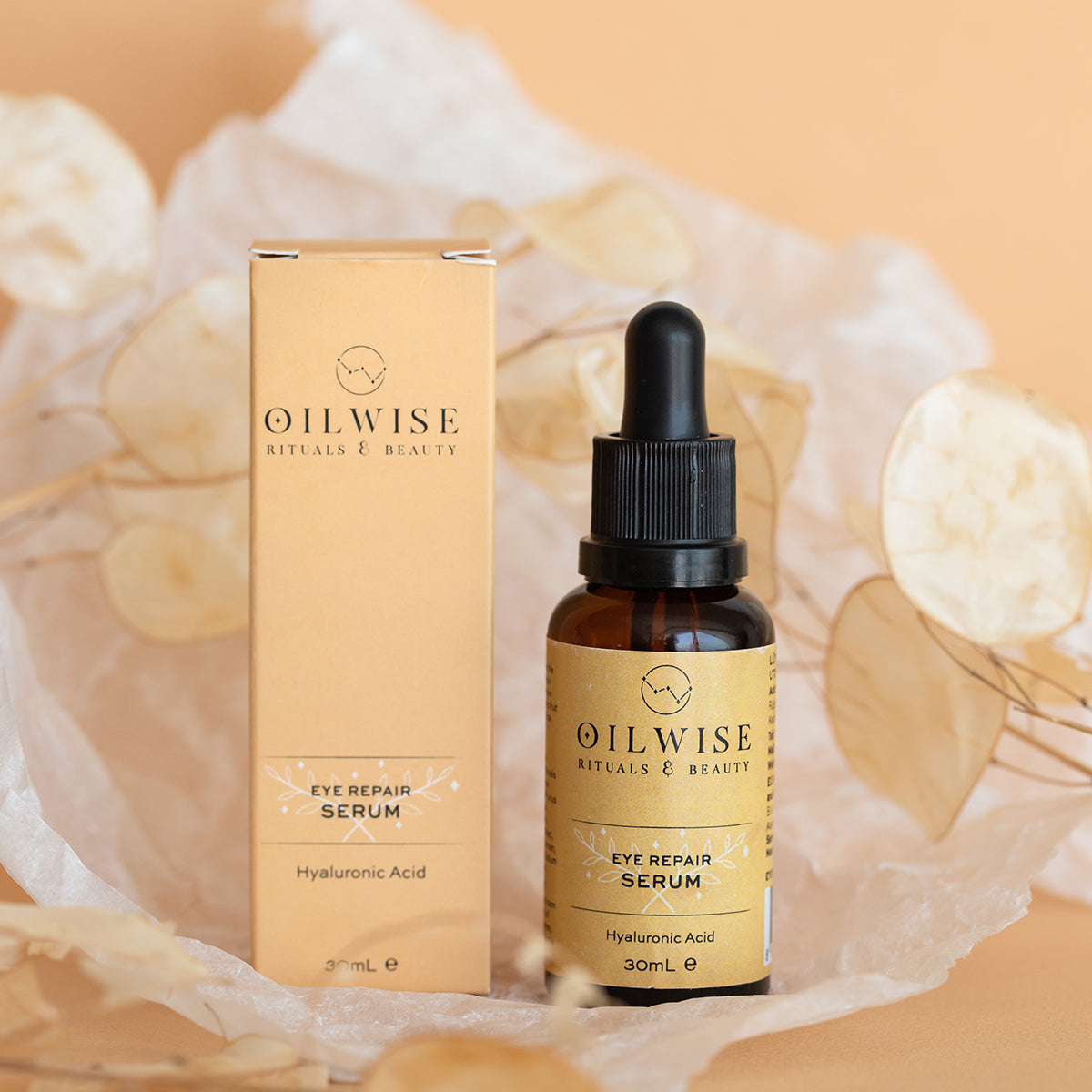 Oilwise Augenserum & Anti Aging Serum in einer eleganten Flasche, ideal für die Hautpflege.