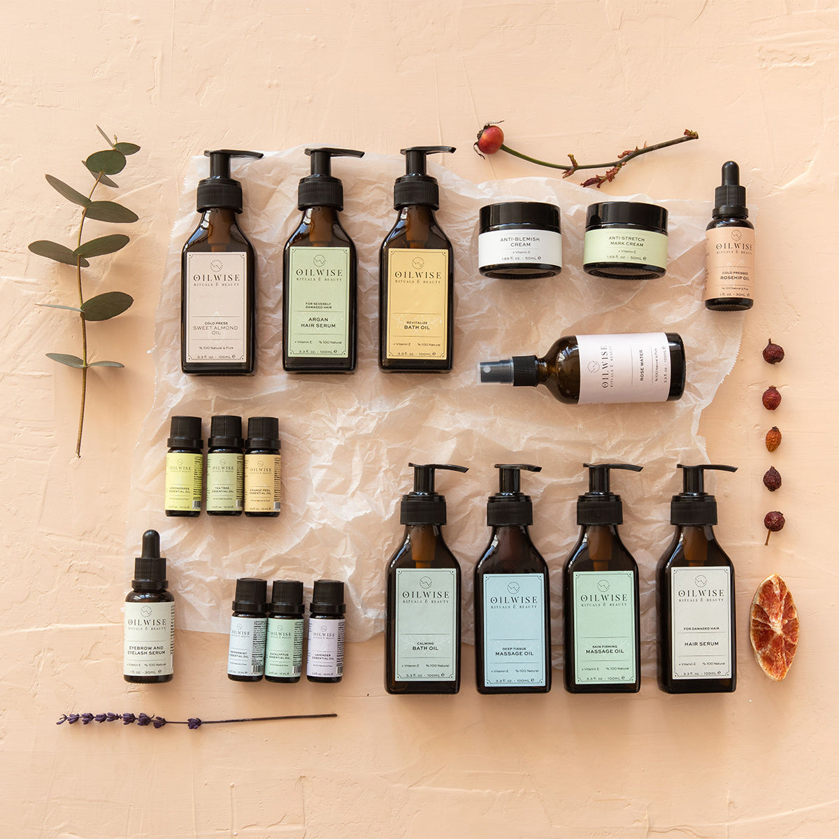 Oilwise Rosenwasser in einer eleganten Flasche, umgeben von frischen Rosenblüten.