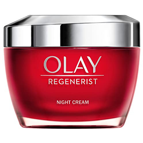 Olay Regenerist 3-Point Age-Defying Cream Night in a sleek jar, showcasing its rich cream texture.