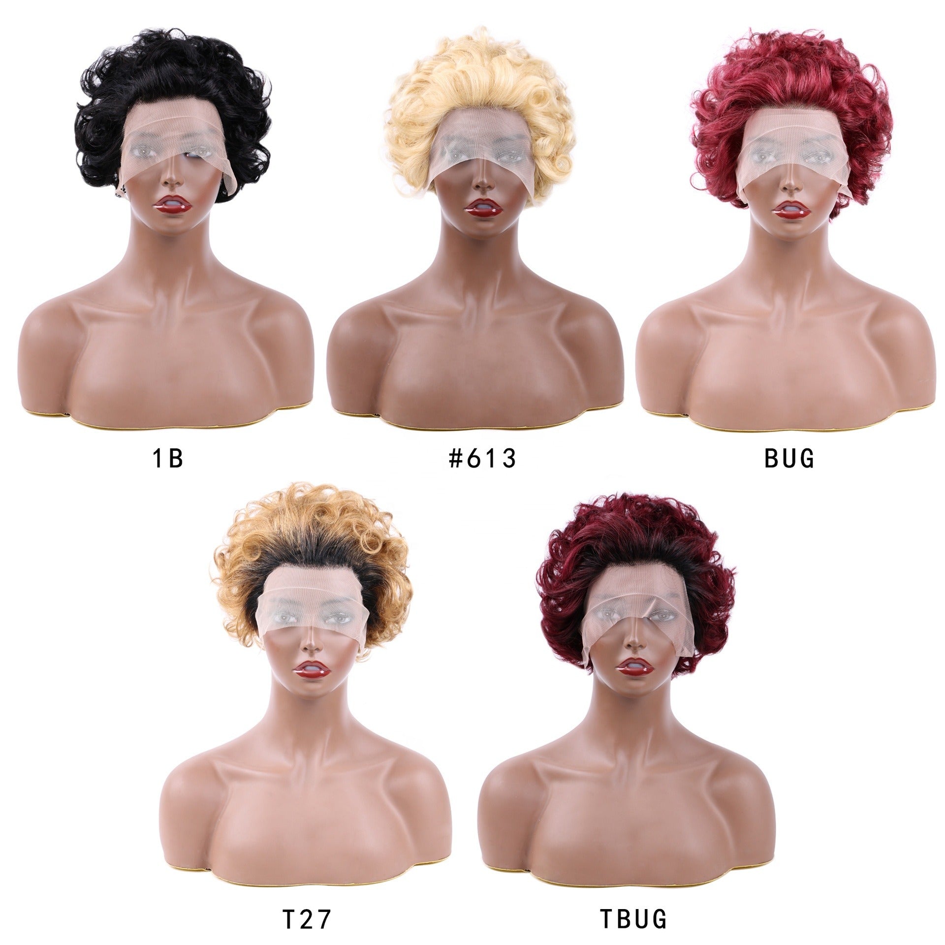 Ombre short pixie cut curly human hair wig, 8 inches long with a transparent lace front for a natural look.