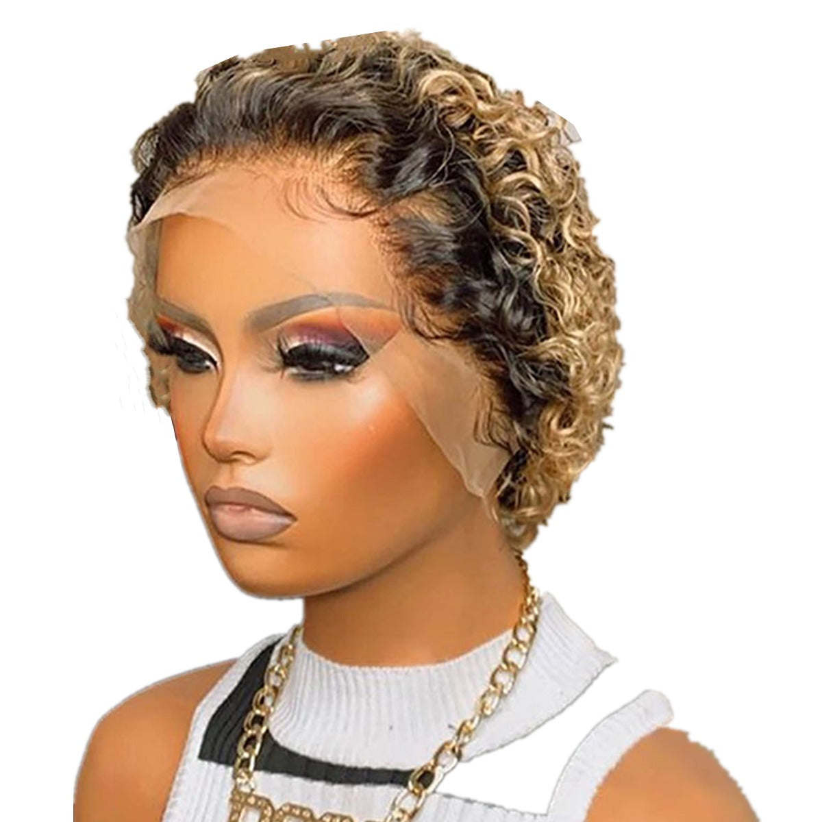 Ombre short pixie cut curly human hair wig, 8 inches long with a transparent lace front for a natural look.