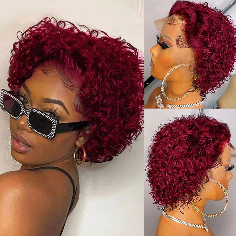 Ombre short pixie cut curly human hair wig, 8 inches long with a transparent lace front for a natural look.