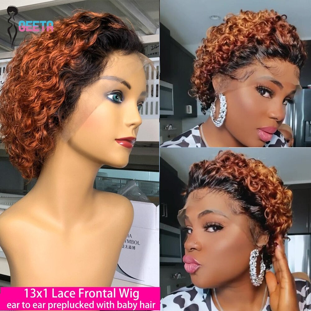 Ombre short pixie cut curly human hair wig, 8 inches long with a transparent lace front for a natural look.