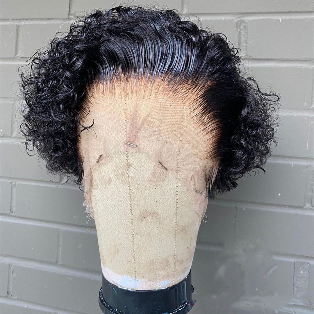 Ombre short pixie cut curly human hair wig, 8 inches long with a transparent lace front for a natural look.