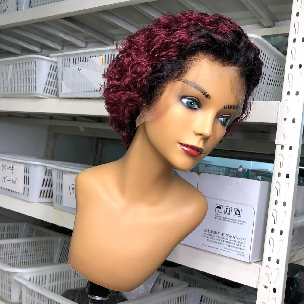 Ombre short pixie cut curly human hair wig, 8 inches long with a transparent lace front for a natural look.