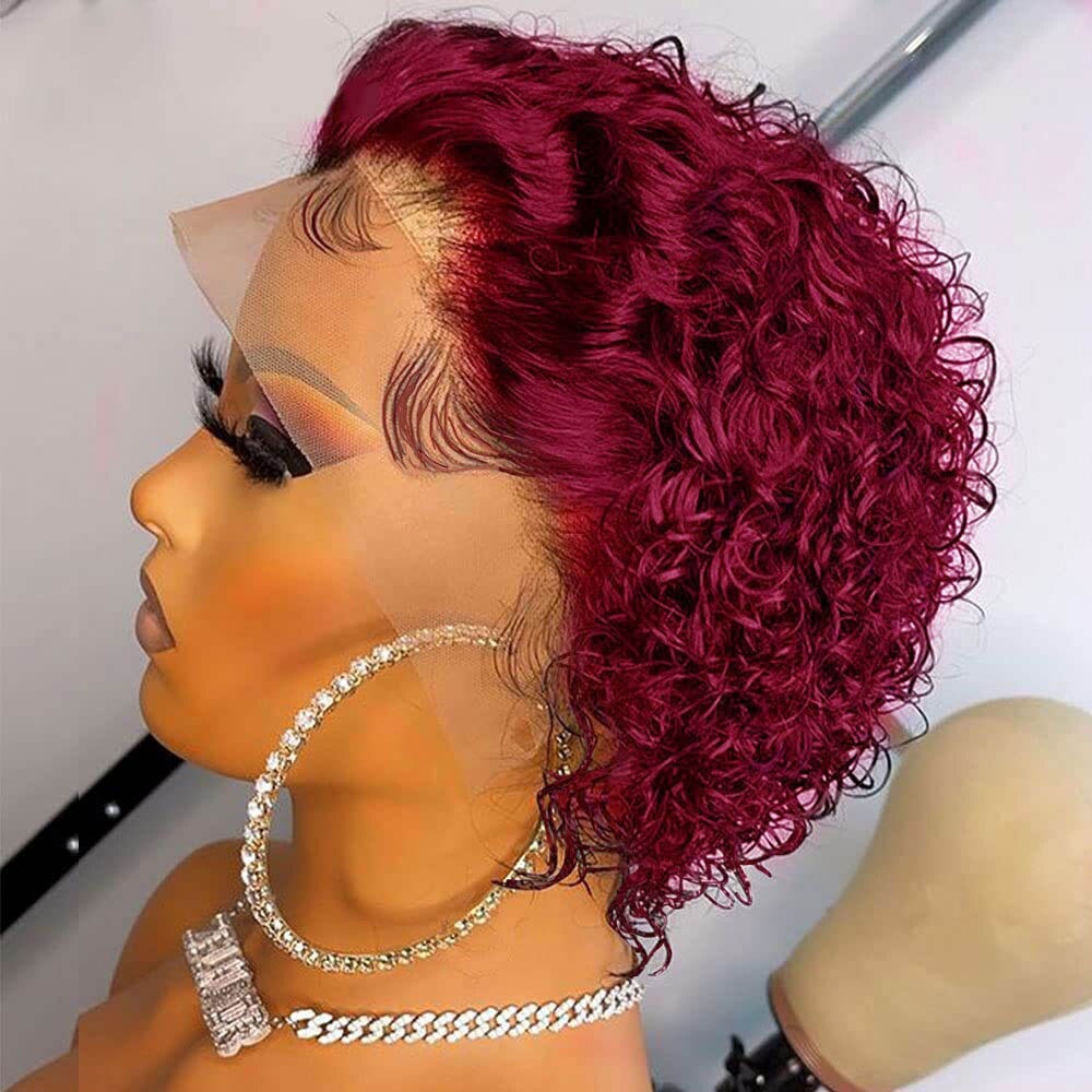 Ombre short pixie cut curly human hair wig, 8 inches long with a transparent lace front for a natural look.