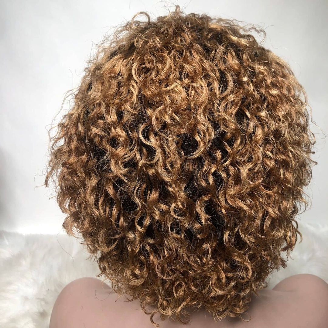 Ombre short pixie cut curly human hair wig, 8 inches long with a transparent lace front for a natural look.