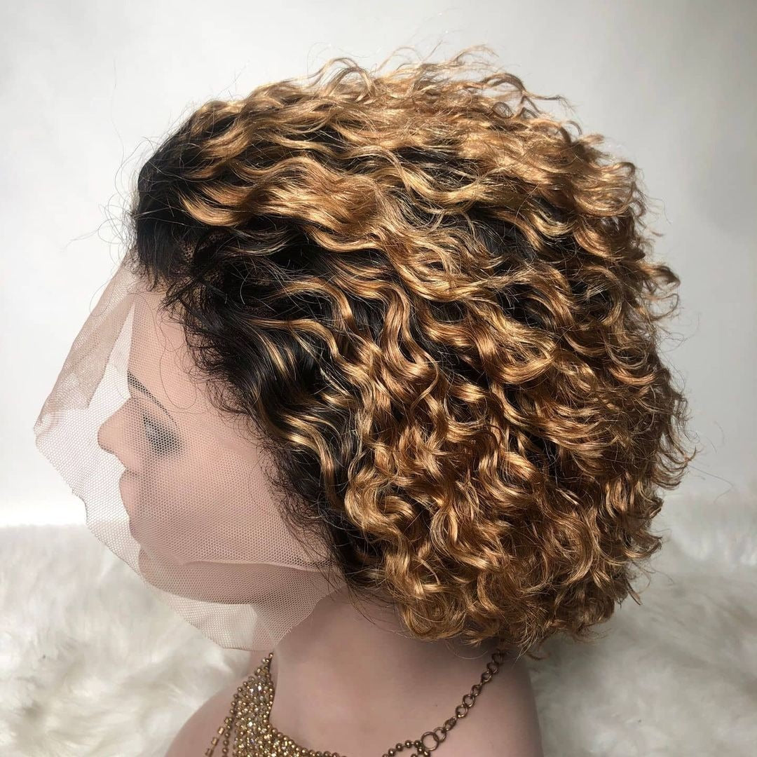 Ombre short pixie cut curly human hair wig, 8 inches long with a transparent lace front for a natural look.