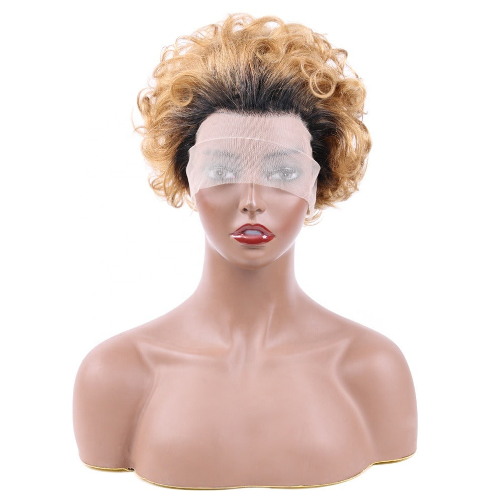 Ombre short pixie cut curly human hair wig, 8 inches long with a transparent lace front for a natural look.