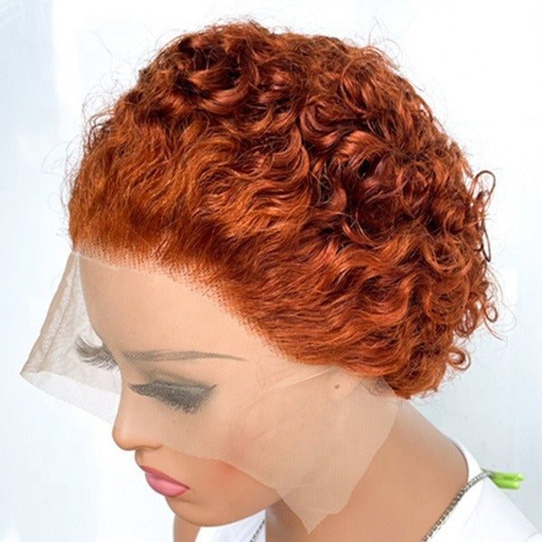 Ombre short pixie cut curly human hair wig, 8 inches long with a transparent lace front for a natural look.