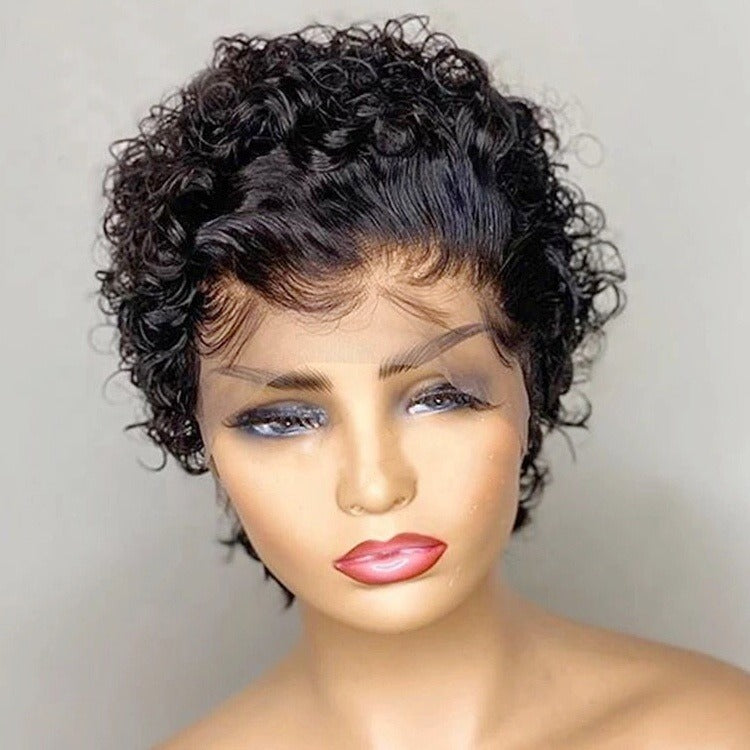 Ombre short pixie cut curly human hair wig, 8 inches long with a transparent lace front for a natural look.