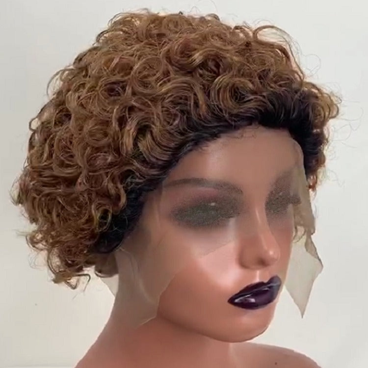 Ombre short pixie cut curly human hair wig, 8 inches long with a transparent lace front for a natural look.