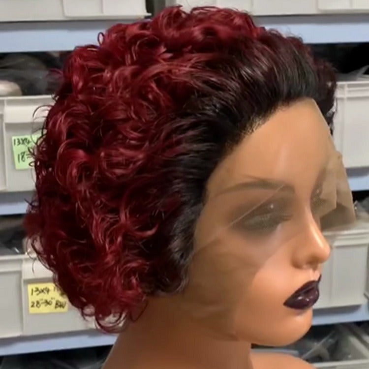 Ombre short pixie cut curly human hair wig, 8 inches long with a transparent lace front for a natural look.
