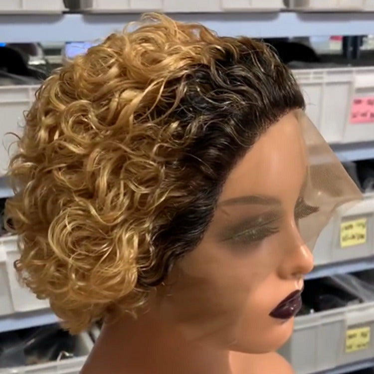 Ombre short pixie cut curly human hair wig, 8 inches long with a transparent lace front for a natural look.