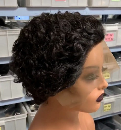 Ombre short pixie cut curly human hair wig, 8 inches long with a transparent lace front for a natural look.