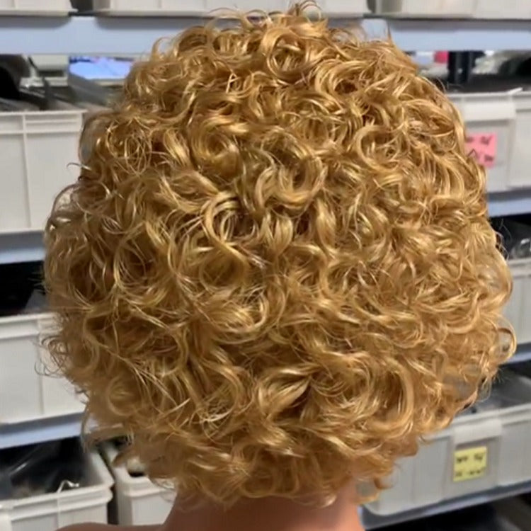 Ombre short pixie cut curly human hair wig, 8 inches long with a transparent lace front for a natural look.