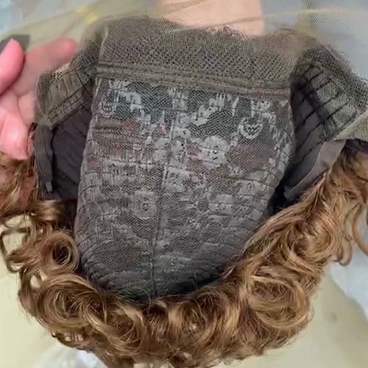 Ombre short pixie cut curly human hair wig, 8 inches long with a transparent lace front for a natural look.