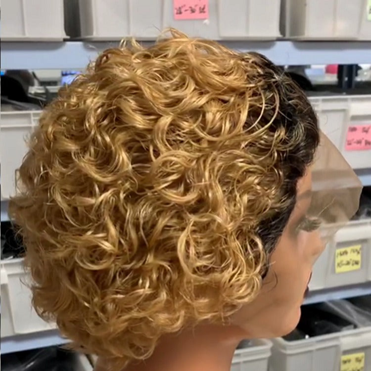 Ombre short pixie cut curly human hair wig, 8 inches long with a transparent lace front for a natural look.