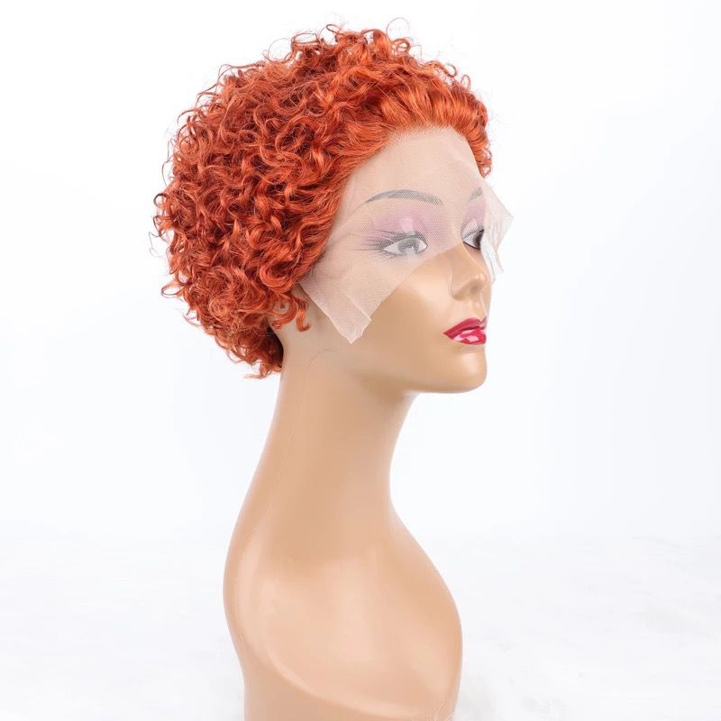Ombre short pixie cut curly human hair wig, 8 inches long with a transparent lace front for a natural look.