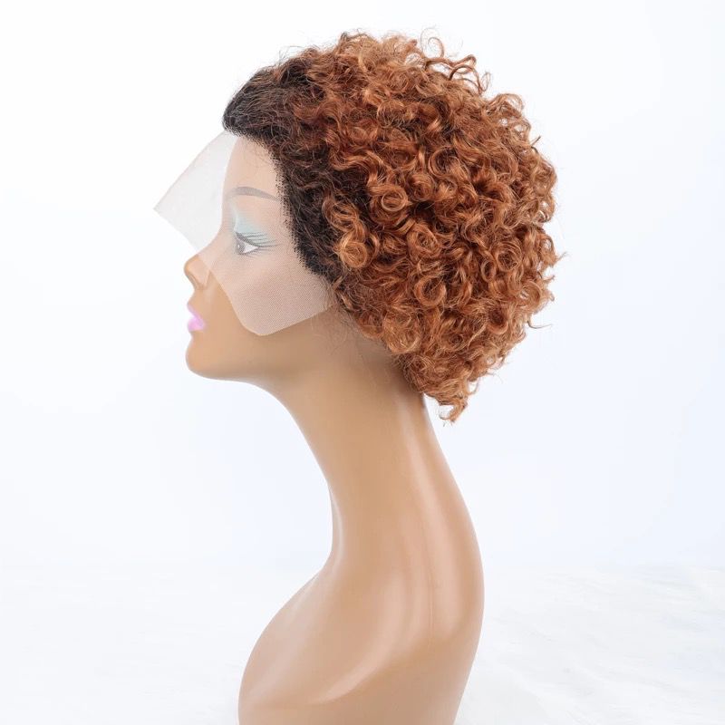 Ombre short pixie cut curly human hair wig, 8 inches long with a transparent lace front for a natural look.