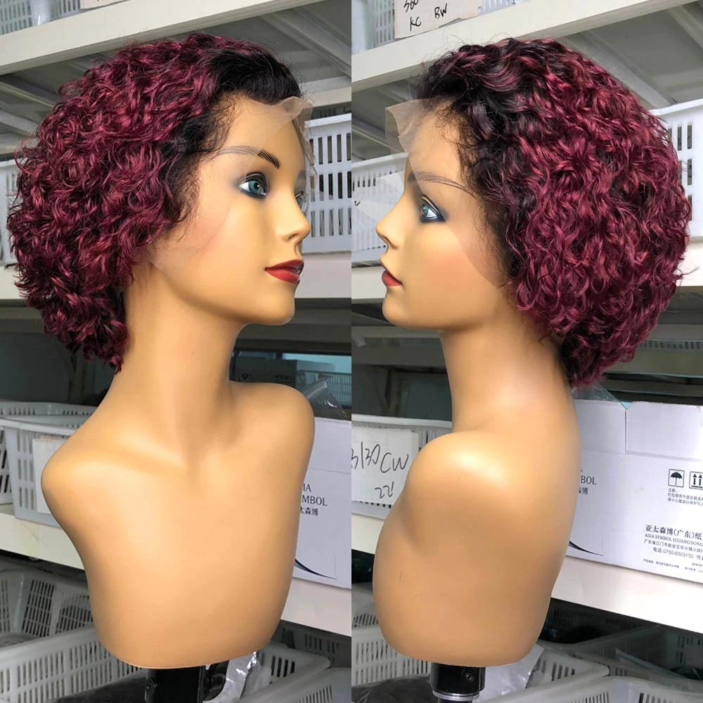 Ombre short pixie cut curly human hair wig, 8 inches long with a transparent lace front for a natural look.