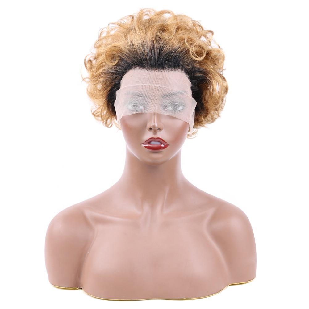 Ombre short pixie cut curly human hair wig, 8 inches long with a transparent lace front for a natural look.