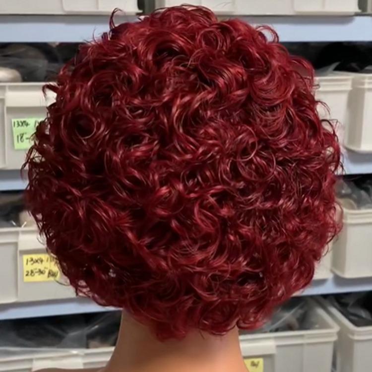 Ombre short pixie cut curly human hair wig, 8 inches long with a transparent lace front for a natural look.