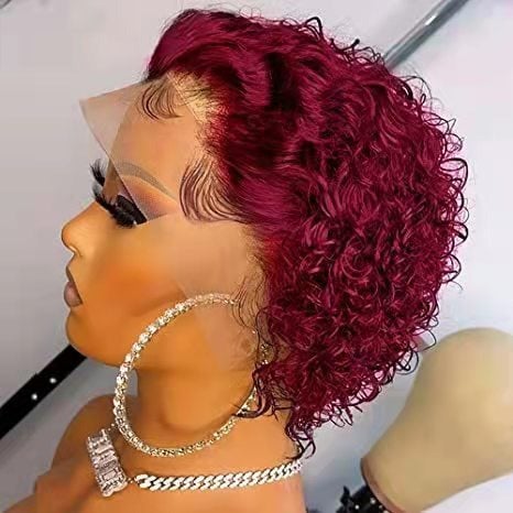 Ombre short pixie cut curly human hair wig, 8 inches long with a transparent lace front for a natural look.