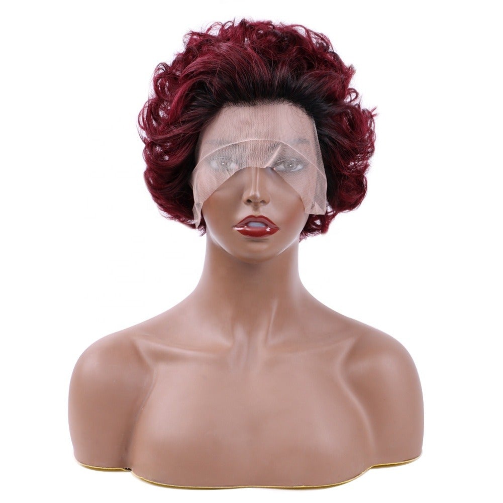 Ombre short pixie cut curly human hair wig, 8 inches long with a transparent lace front for a natural look.