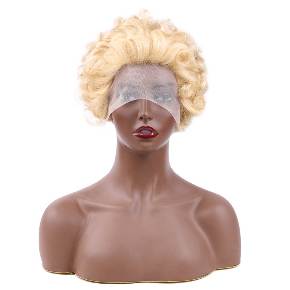 Ombre short pixie cut curly human hair wig, 8 inches long with a transparent lace front for a natural look.