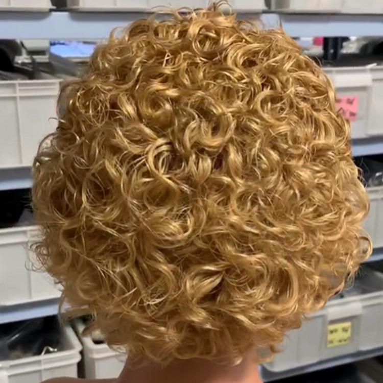 Ombre short pixie cut curly human hair wig, 8 inches long with a transparent lace front for a natural look.