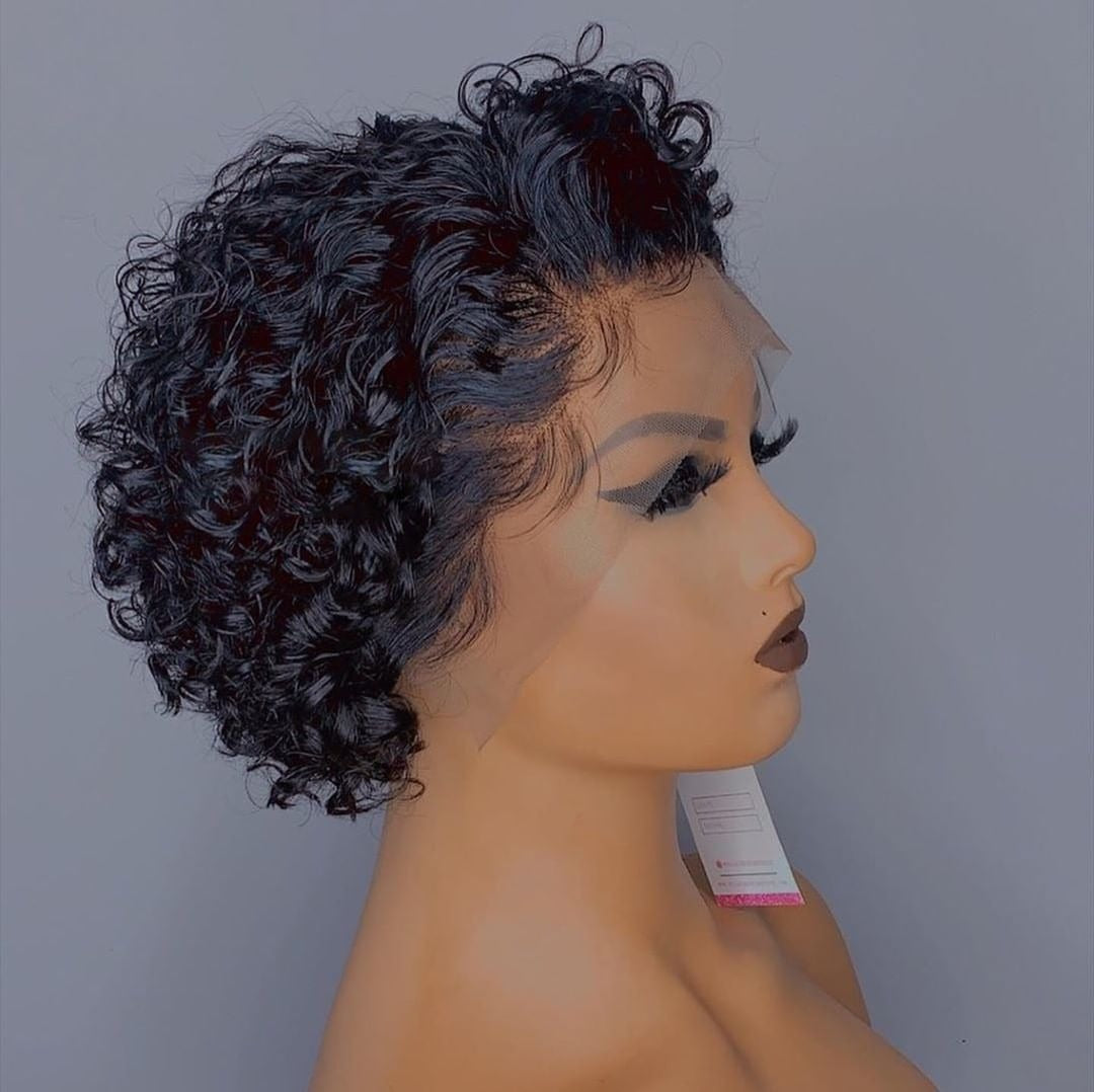 Ombre short pixie cut curly human hair wig, 8 inches long with a transparent lace front for a natural look.