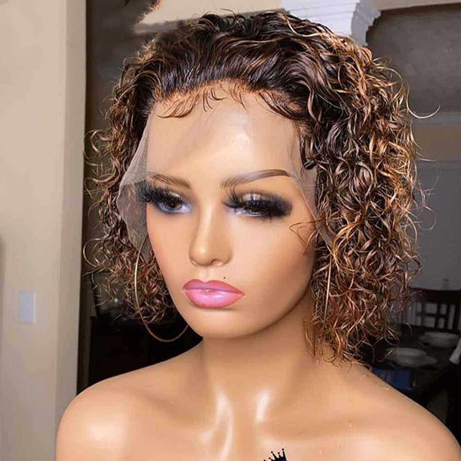 Ombre short pixie cut curly human hair wig, 8 inches long with a transparent lace front for a natural look.
