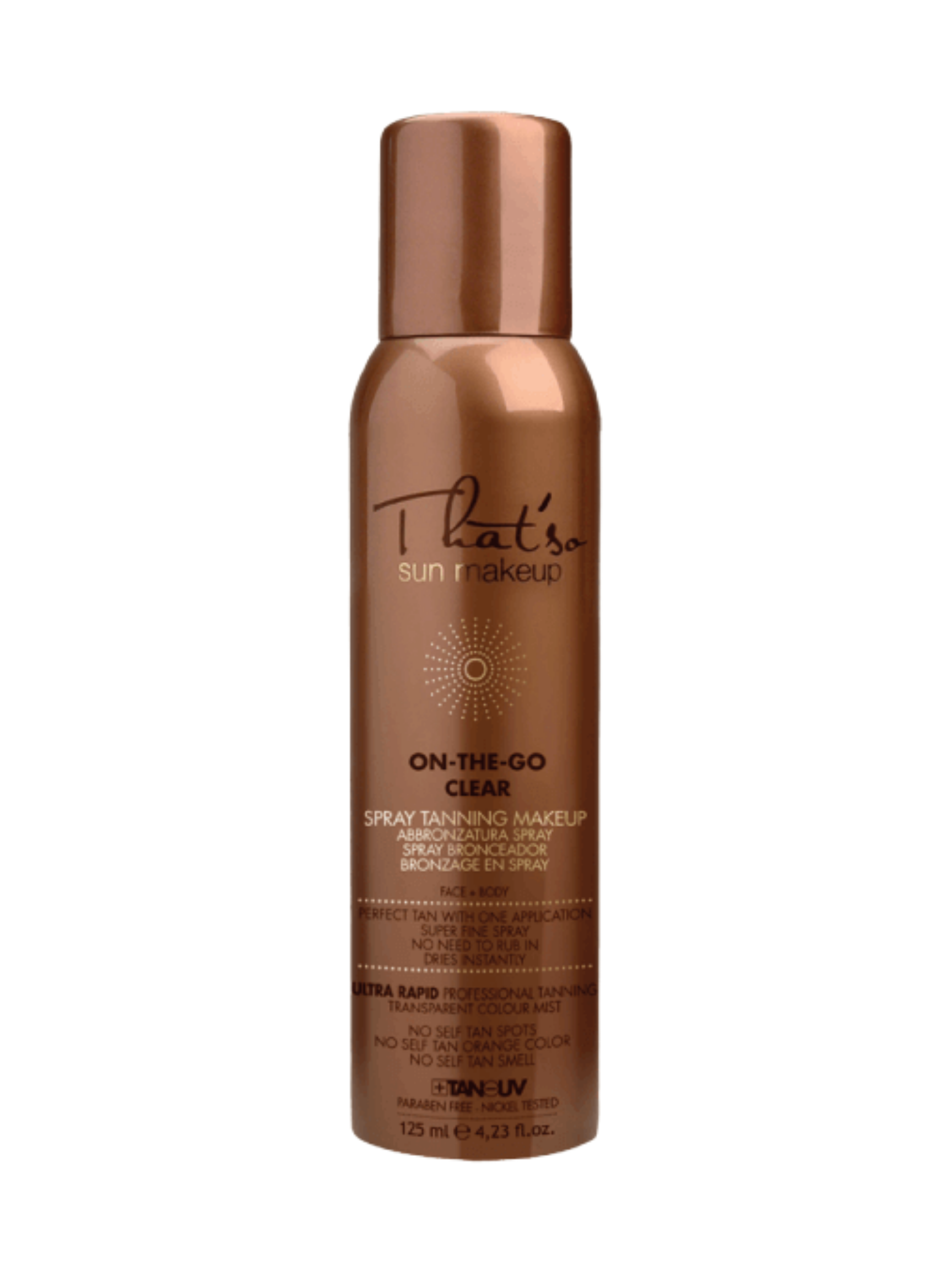 On-The-Go Clear tanning spray by That’s So Sun Make-Up, featuring a sleek bottle design with a transparent liquid inside, ideal for achieving a natural tan.
