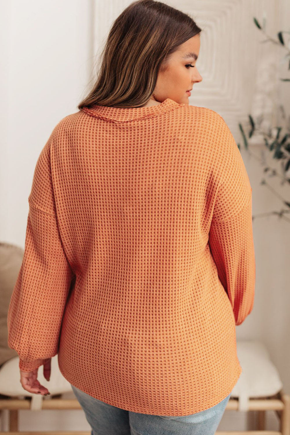 Orange Buttoned V Neck Waffle Knit Plus Size Top featuring a stylish waffle knit texture and buttoned neckline.
