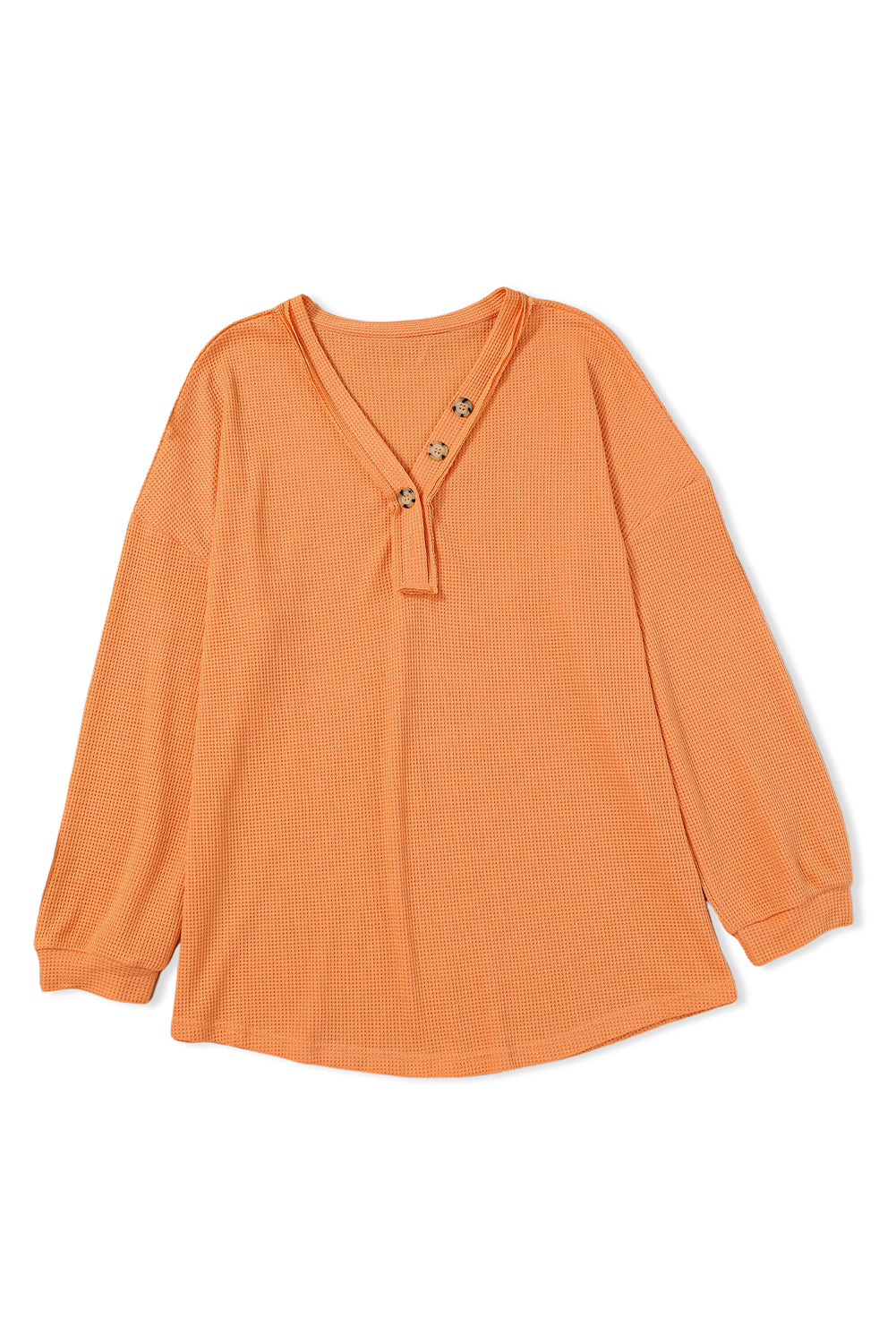 Orange Buttoned V Neck Waffle Knit Plus Size Top featuring a stylish waffle knit texture and buttoned neckline.