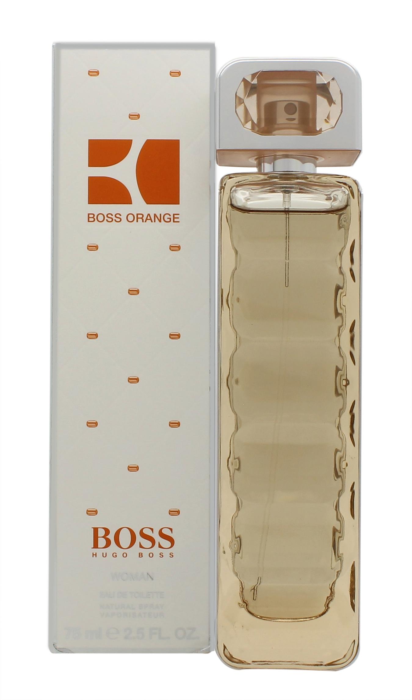 Boss Orange Eau de Toilette bottle with floral design, showcasing its vibrant and elegant essence.