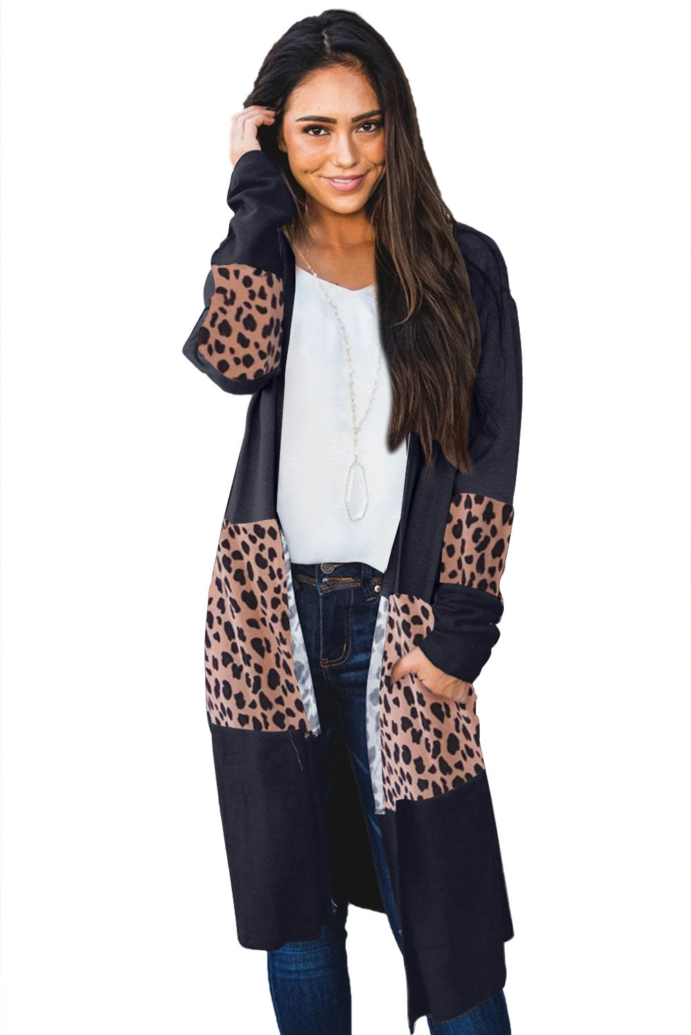A stylish Orange Leopard Splicing Colorblock Cardigan featuring vibrant orange and leopard print patterns, perfect for layering over casual outfits.