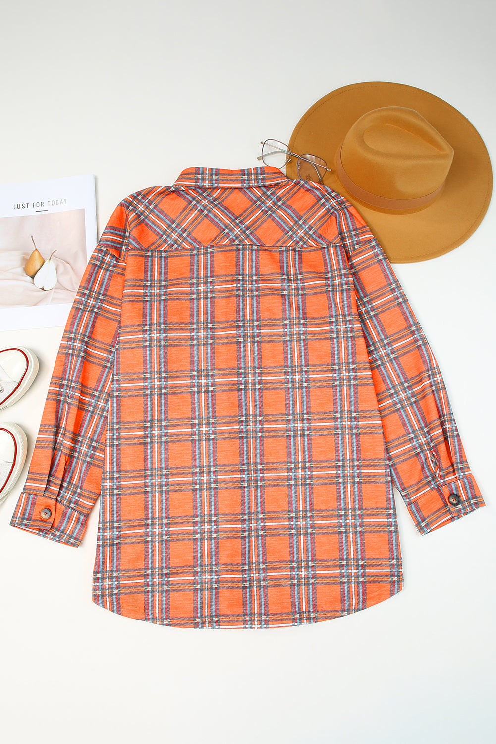 Orange plus size plaid long sleeve shirt with chest pockets and button-up front, perfect for casual wear.