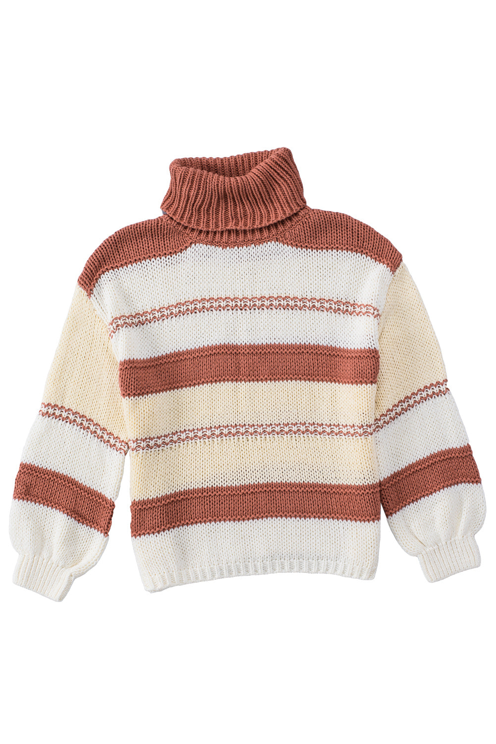 Orange turtleneck knit sweater with color block design and balloon sleeves, perfect for autumn and winter fashion.