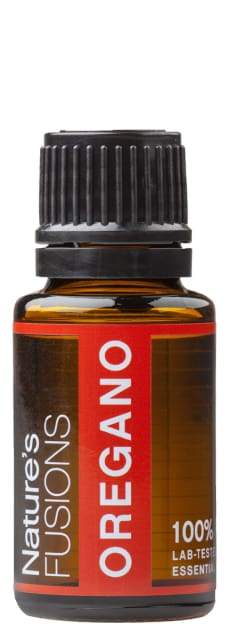 15ml bottle of Oregano Pure Essential Oil with a dark amber color, featuring a dropper cap and labeled with its benefits and cautions.