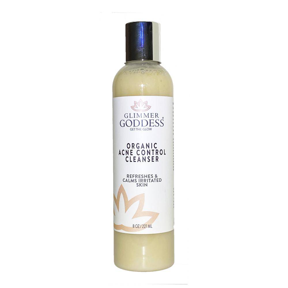 Organic Acne Control Cleanser with Hemp Seed Oil in a sleek bottle, showcasing its creamy texture and natural ingredients.