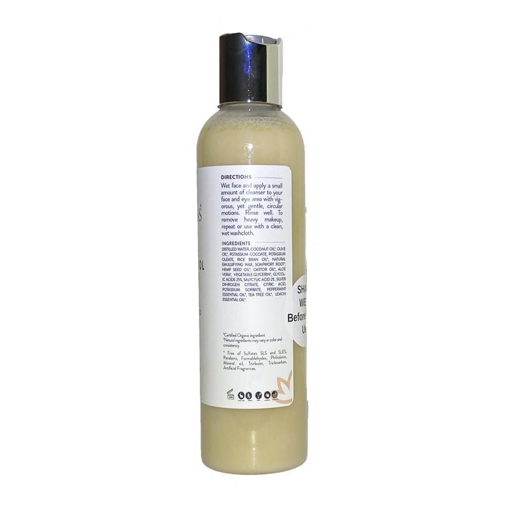 Organic Acne Control Cleanser with Hemp Seed Oil in a sleek bottle, showcasing its creamy texture and natural ingredients.
