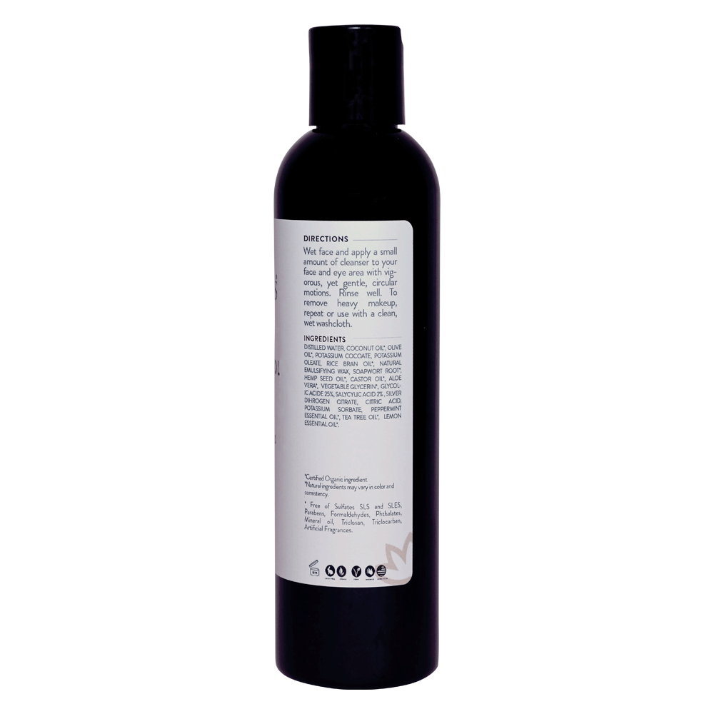 Organic Acne Control Cleanser with Hemp Seed Oil in a sleek bottle, showcasing its creamy texture and natural ingredients.