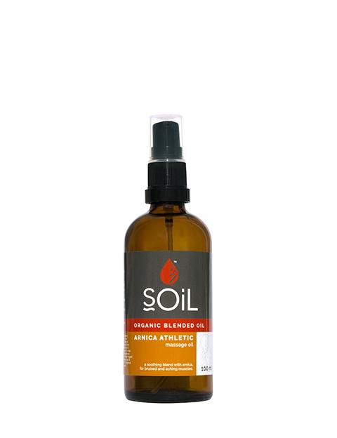 A 100ml bottle of Organic Arnica Athletic Blended Oil, featuring a blend of natural ingredients for muscle relief and relaxation.