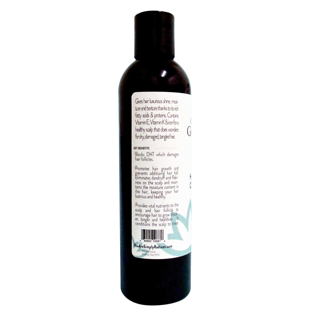 A jar of Organic Caffeine Hair Growth Conditioning Mask with a rich, creamy texture, surrounded by natural ingredients like Clary Sage and Rosemary.