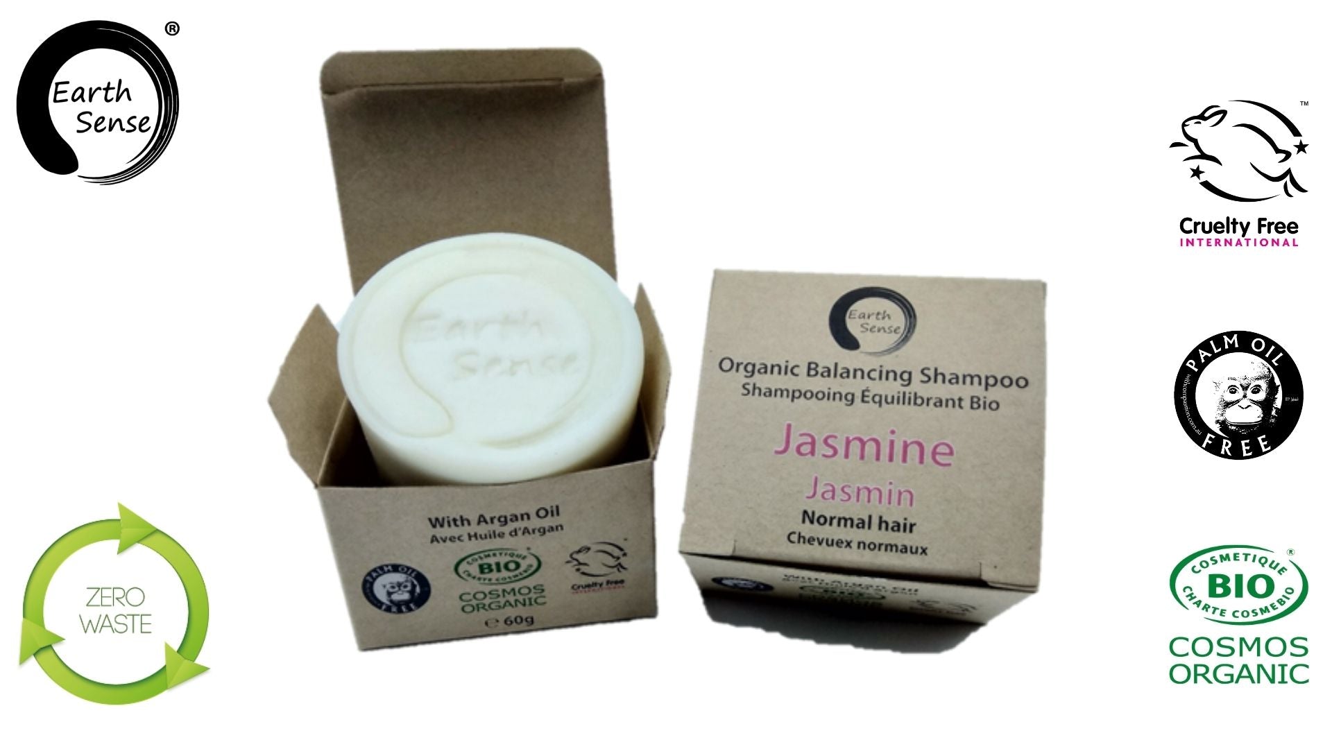 Organic Certified Balancing Solid Shampoo bar with Jasmine, suitable for normal and all hair types, displayed on a natural background.