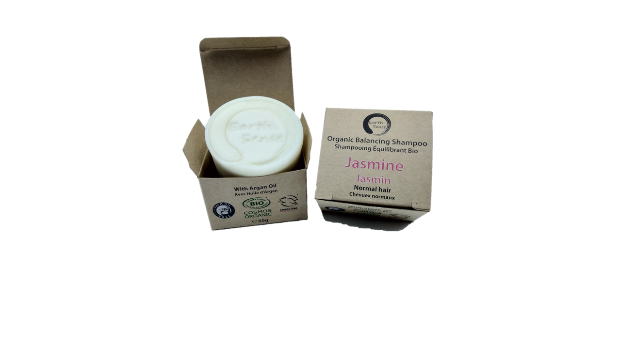 Organic Certified Balancing Solid Shampoo bar with Jasmine, suitable for normal and all hair types, displayed on a natural background.