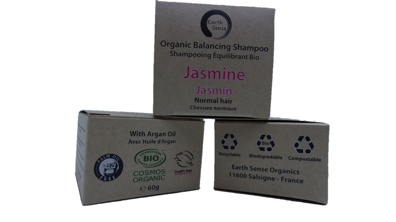 Organic Certified Balancing Solid Shampoo bar with Jasmine, suitable for normal and all hair types, displayed on a natural background.
